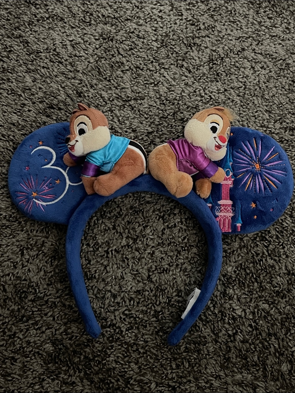 Disneyland Paris Chip 'N' Dale Blue Plush Ear Headband With Firework Embroidery